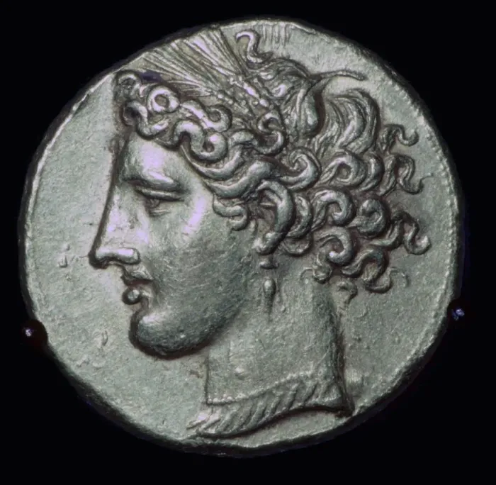 Framed Print : Gold tetradrachm with head of Tanit, 3rd century BC Framed Print : Gold tetradrachm with head of Tanit, 3rd century BC