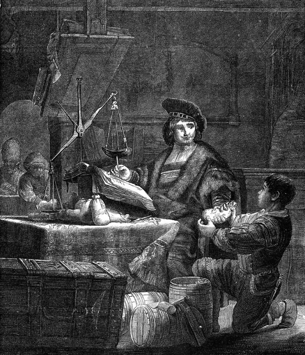 Framed Print : The Gold-Weigher, etching by Rembrandt, 1870. Creator: Unknown Framed Print : The Gold-Weigher, etching by Rembrandt, 1870. Creator: Unknown