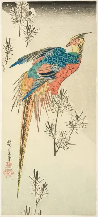Framed Print : A Golden Pheasant Perched on a Steep Snowy Hillside amid Small Pine Saplings, c. 1833. Creator: Ando Hiroshige Framed Print : A Golden Pheasant Perched on a Steep Snowy Hillside amid Small Pine Saplings, c. 1833. Creator: Ando Hiroshige