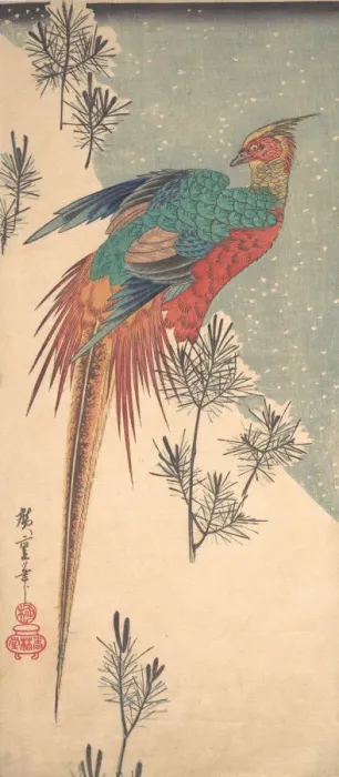 Framed Print : Golden Pheasant and Pine Shoots in Snow, ca. 1835. ca. 1835. Creator: Ando Hiroshige Framed Print : Golden Pheasant and Pine Shoots in Snow, ca. 1835. ca. 1835. Creator: Ando Hiroshige