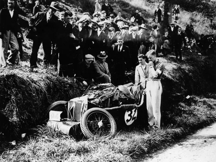 Framed Print : Goldie Gardner by the wreckage of an MG J4, 1932 Framed Print : Goldie Gardner by the wreckage of an MG J4, 1932