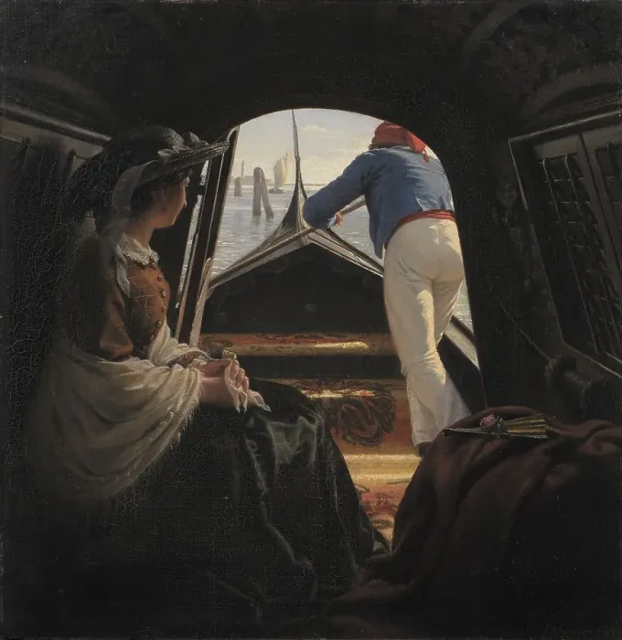 Framed Print : A Gondola, 1859. Creator: Julius Exner Framed Print : A Gondola, 1859. Creator: Julius Exner