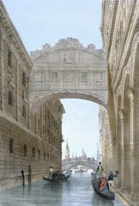 Framed Print : Gondolas passing under the Bridge of Sighs, c1850. Creator: Giovanni Battista Cecchini (1804-79) Framed Print : Gondolas passing under the Bridge of Sighs, c1850. Creator: Giovanni Battista Cecchini (1804-79)
