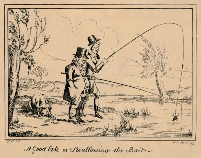Framed Print : A Good Bite or Swallowing the Bait, 1835. Creator: William Heath Framed Print : A Good Bite or Swallowing the Bait, 1835. Creator: William Heath