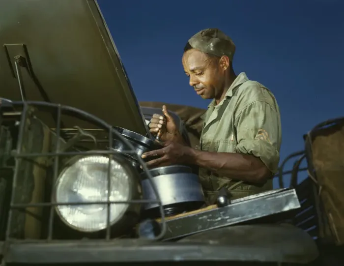Framed Print : A good job in the air cleaner of an army truck, Fort Knox, Ky. 1942. Creator: Alfred T Palmer Framed Print : A good job in the air cleaner of an army truck, Fort Knox, Ky. 1942. Creator: Alfred T Palmer