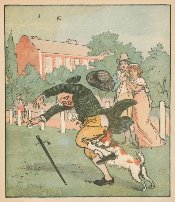Framed Print : Good man of Islington bitten by the dog, c1879. Creator: Randolph Caldecott Framed Print : Good man of Islington bitten by the dog, c1879. Creator: Randolph Caldecott