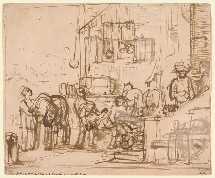 Framed Print : The Good Samaritan Arriving at the Inn, c.1660. Creator: Constantijn van Renesse Framed Print : The Good Samaritan Arriving at the Inn, c.1660. Creator: Constantijn van Renesse