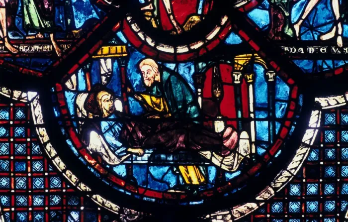 Framed Print : The Good Samaritan cares for the Pilgrim, stained glass, Chartres Cathedral, France, 1205-1215 Framed Print : The Good Samaritan cares for the Pilgrim, stained glass, Chartres Cathedral, France, 1205-1215