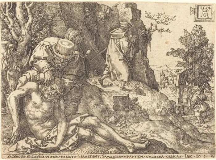Framed Print : The Good Samaritan Ministering to the Traveler, 1554. Creator: Heinrich Aldegrever Framed Print : The Good Samaritan Ministering to the Traveler, 1554. Creator: Heinrich Aldegrever