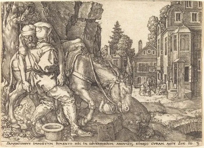 Framed Print : The Good Samaritan Placing the Traveler on a Mule, 1554. Creator: Heinrich Aldegrever Framed Print : The Good Samaritan Placing the Traveler on a Mule, 1554. Creator: Heinrich Aldegrever