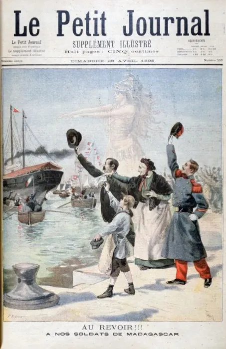 Framed Print : Goodbye!!, French soldiers on the way to Madagascar, 1895. Artist: F Meaulle Framed Print : Goodbye!!, French soldiers on the way to Madagascar, 1895. Artist: F Meaulle