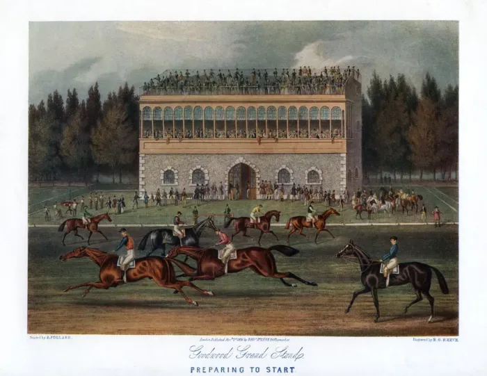 Framed Print : Goodwood Grand Stand, Preparing to Start, 1836. Artist: RG Reeve Framed Print : Goodwood Grand Stand, Preparing to Start, 1836. Artist: RG Reeve