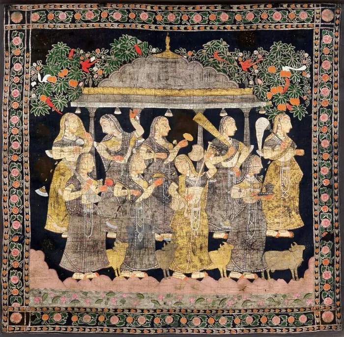 Framed Print : Nine Gopis (Pichwai Painting), End of 19th century. Creator: Indische Kunst Framed Print : Nine Gopis (Pichwai Painting), End of 19th century. Creator: Indische Kunst