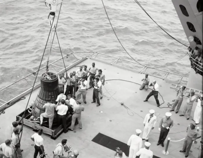 Framed Print : Gordon Cooper and capsule on deck, Pacific Ocean, 1963. Creator: NASA