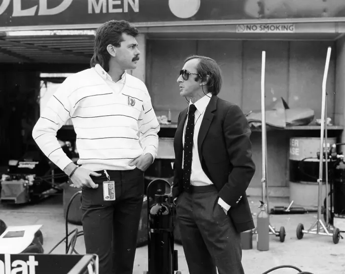 Framed Print : Gordon Murray (on the left) with Jackie Stewart, July 1984 Framed Print : Gordon Murray (on the left) with Jackie Stewart, July 1984