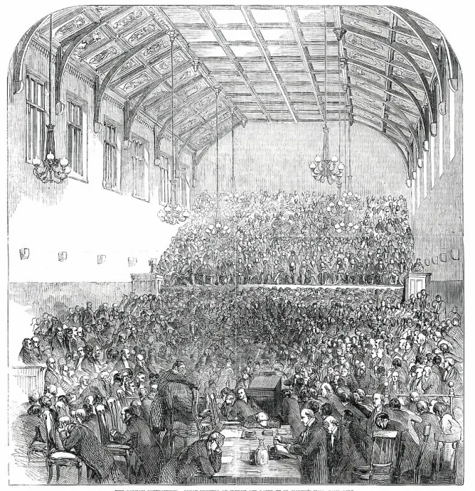 Framed Print : The Gorham Controversy - Great Meeting of Clergy and Laity, in St. Martin's Hall, Long-Acre, 1850. Creator: Unknown