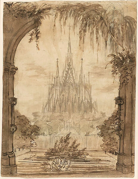 Gothic Cathedral Behind a Pond with Swans, 1810 / 15. Creator: Karl Friedrich Schinkel