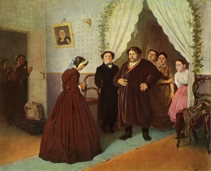 Framed Print : The Governess arrives at the Merchants House, 1866, (1965). Creator: Vasily Perov Framed Print : The Governess arrives at the Merchants House, 1866, (1965). Creator: Vasily Perov
