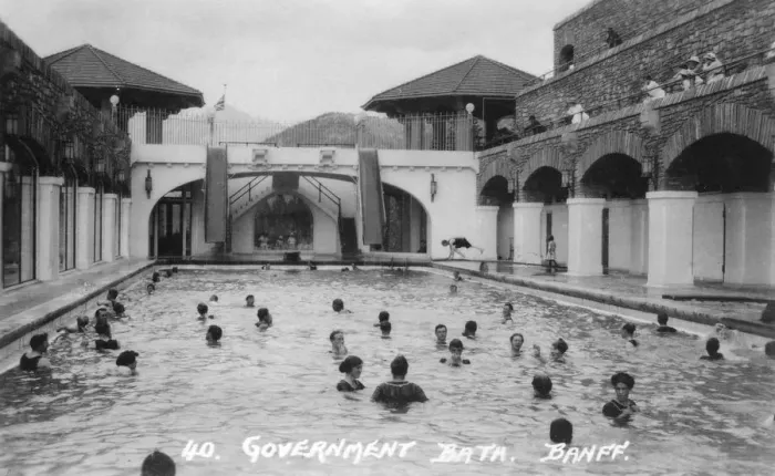 Framed Print : Government bath, Banff, Alberta, Canada, c1930s(?). Artist: Marjorie Bullock Framed Print : Government bath, Banff, Alberta, Canada, c1930s(?). Artist: Marjorie Bullock