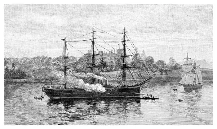 Framed Print : Government House and HMS Nelson, Sydney, New South Wales, Australia, 1886. Artist: JR Ashton Framed Print : Government House and HMS Nelson, Sydney, New South Wales, Australia, 1886. Artist: JR Ashton