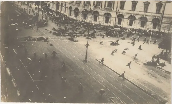 Framed Print : Government Troops Firing on Demonstrators, July 4, 1917, 1917. Artist: Bulla, Karl Karlovich (1853-1929) Framed Print : Government Troops Firing on Demonstrators, July 4, 1917, 1917. Artist: Bulla, Karl Karlovich (1853-1929)