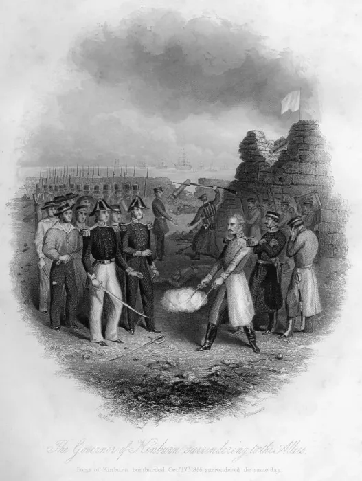 Framed Print : The Governor of Kinburn surrendering to the allies, Crimean War, 17 October 1855, (1857). Artist: G Greatbach Framed Print : The Governor of Kinburn surrendering to the allies, Crimean War, 17 October 1855, (1857). Artist: G Greatbach