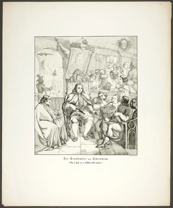 Framed Print : The Governor of Schopfheim, plate eight from Zehn Blätter zu Hebels Alemannischen... 1820. Creator: Sophie Reinhard Framed Print : The Governor of Schopfheim, plate eight from Zehn Blätter zu Hebels Alemannischen... 1820. Creator: Sophie Reinhard