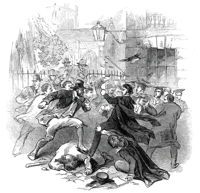 Framed Print : Gown and Town Row, at Oxford, 1845. Creator: Unknown Framed Print : Gown and Town Row, at Oxford, 1845. Creator: Unknown