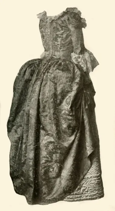 Framed Print : Gown of yellow damask brocade worn over a blue quilted satin petticoat, c1710-1730, (1937) Framed Print : Gown of yellow damask brocade worn over a blue quilted satin petticoat, c1710-1730, (1937)