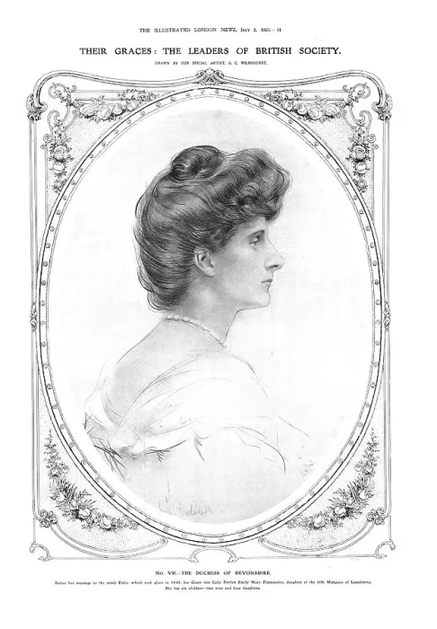 Framed Print : Their Graces: the Leaders of British Society - No. VII. - the Duchess of Devonshire, 1909. Creator: George C Wilmshurst Framed Print : Their Graces: the Leaders of British Society - No. VII. - the Duchess of Devonshire, 1909. Creator: George C Wilmshurst