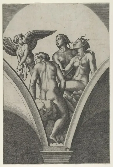 Framed Print : The Three Graces sitting on clouds, cupid at the left, after Raphaels fresco in th... ca. 1517-20. Creator: Marcantonio Raimondi Framed Print : The Three Graces sitting on clouds, cupid at the left, after Raphaels fresco in th... ca. 1517-20. Creator: Marcantonio Raimondi