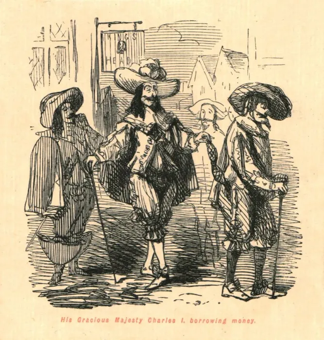 Framed Print : His Gracious Majesty Charles I, borrowing money, 1897. Creator: John Leech Framed Print : His Gracious Majesty Charles I, borrowing money, 1897. Creator: John Leech