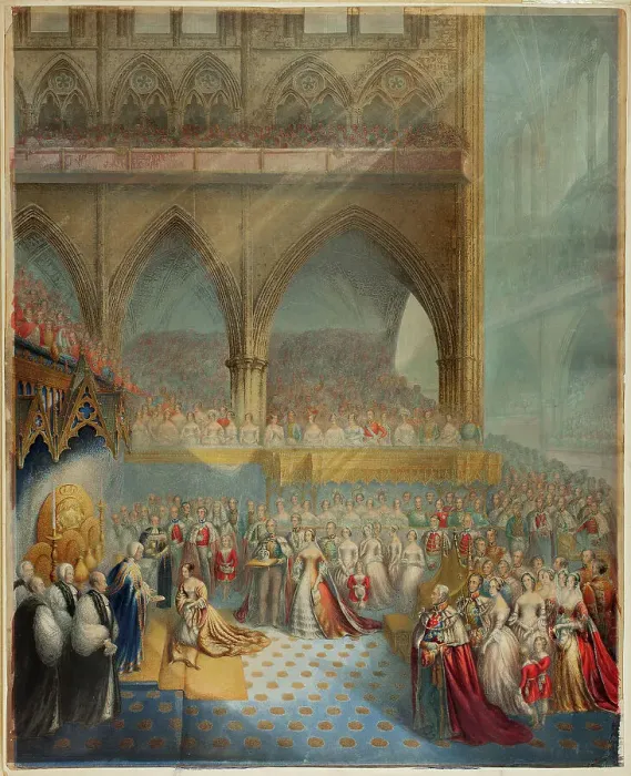 Framed Print : Her Most Gracious Majesty Queen Victoria Receiving the Sacrament at her Coronation, n.d. Creator: George Baxter Framed Print : Her Most Gracious Majesty Queen Victoria Receiving the Sacrament at her Coronation, n.d. Creator: George Baxter