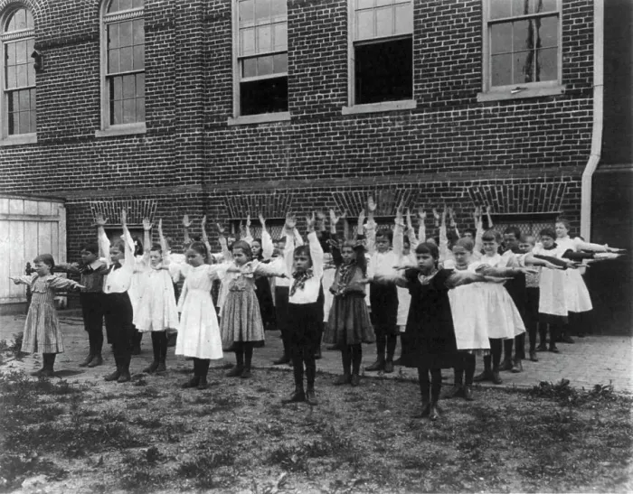 Framed Print : Grade school, Washington, D.C. - outdoor exercise class, (1899?). Creator: Frances Benjamin Johnston Framed Print : Grade school, Washington, D.C. - outdoor exercise class, (1899?). Creator: Frances Benjamin Johnston