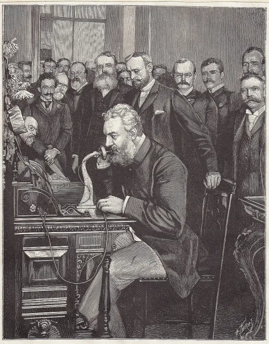 Framed Print : Graham Bell inaugurates the new telephone line from New York to Chicago, 1892. Creator: Thiriat, Henri (1843-1926) Framed Print : Graham Bell inaugurates the new telephone line from New York to Chicago, 1892. Creator: Thiriat, Henri (1843-1926)