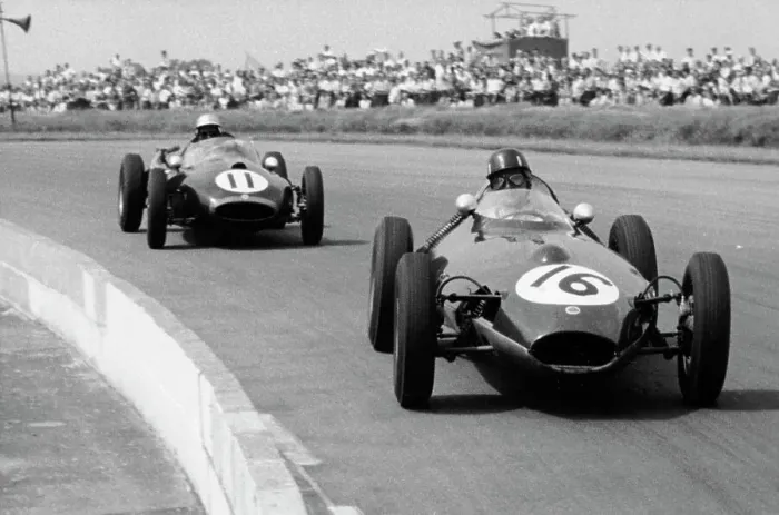 Framed Print : Graham Hill and Jack Brabham racing in the XI British Grand Prix, Silverstone, July 1958 Framed Print : Graham Hill and Jack Brabham racing in the XI British Grand Prix, Silverstone, July 1958