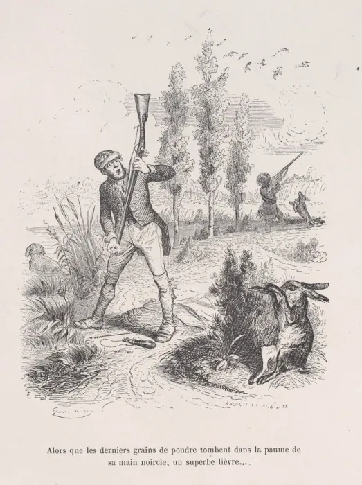 Framed Print : As the last grains of powder fall into the palm of his blackened hand, a superb hare Framed Print : As the last grains of powder fall into the palm of his blackened hand, a superb hare
