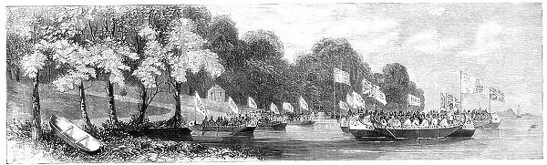 Grand canoe reception given to the Prince of Wales on the St. Lawrence, 1860. Creator: Unknown