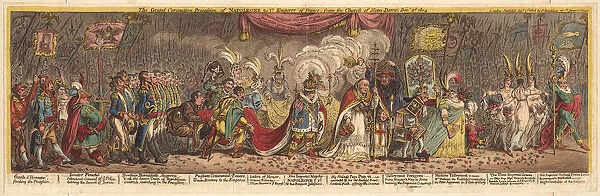 The Grand Coronation Procession of Napoleon the 1st Emperor of France, from the church of Notre-Dame, 1805. Artist: Gillray, James (1757-1815)