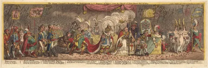 Framed Print : The Grand Coronation Procession of Napoleon the 1st Emperor of France, from the church of Notre-Dame, 1805. Artist: Gillray, James (1757-1815) Framed Print : The Grand Coronation Procession of Napoleon the 1st Emperor of France, from the church of Notre-Dame, 1805. Artist: Gillray, James (1757-1815)