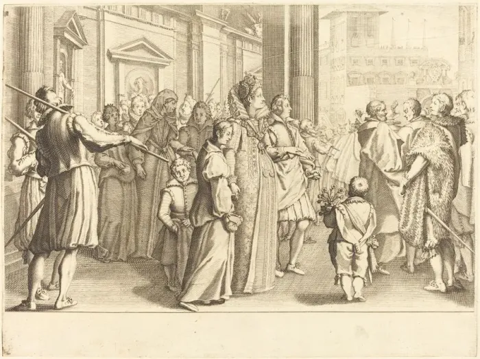 Framed Print : Grand Duchess at the Procession of the Young Girls, c. 1614. Creator: Jacques Callot Framed Print : Grand Duchess at the Procession of the Young Girls, c. 1614. Creator: Jacques Callot