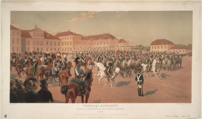 Framed Print : Grand Duke Constantine Pavlovich of Russia at the Cavalry Review on the Saxon Square in Warsaw, 1824 Artist: Rosen, Jan (1854-1936) Framed Print : Grand Duke Constantine Pavlovich of Russia at the Cavalry Review on the Saxon Square in Warsaw, 1824 Artist: Rosen, Jan (1854-1936)