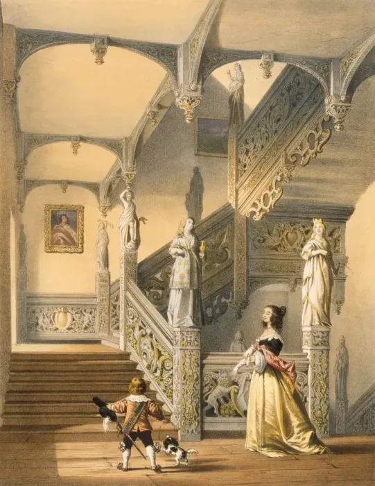 Framed Print : Grand Elizabethan staircase, Aldermaston, Berkshire. Creator: Joseph Nash (1809-78) Framed Print : Grand Elizabethan staircase, Aldermaston, Berkshire. Creator: Joseph Nash (1809-78)
