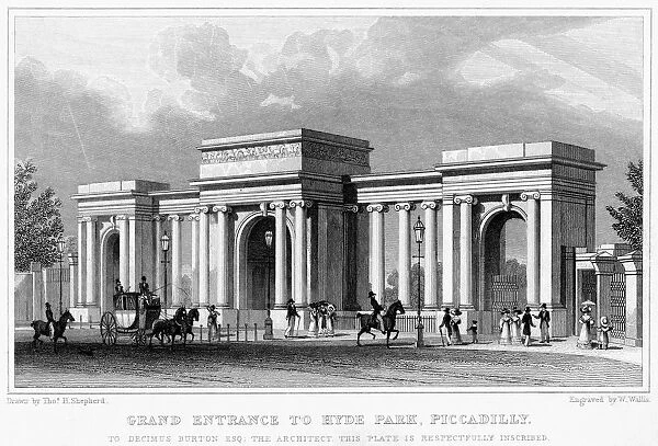 Grand entrance to Hyde Park, Piccadilly, Westminster, London, 19th century. Artist: W Wallis