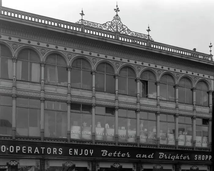 Framed Print : Grand facade of the Co-op central drapery department, Barnsley, South Yorkshire, 1961 Framed Print : Grand facade of the Co-op central drapery department, Barnsley, South Yorkshire, 1961