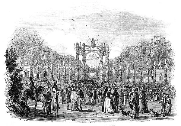 Grand festivities at Harewood House: triumphal arch - procession of tenantry etc, 1845