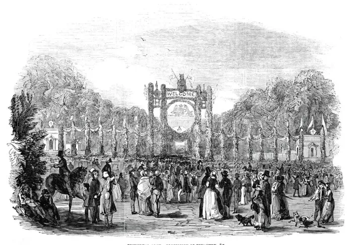 Framed Print : Grand festivities at Harewood House: triumphal arch - procession of tenantry etc, 1845 Framed Print : Grand festivities at Harewood House: triumphal arch - procession of tenantry etc, 1845