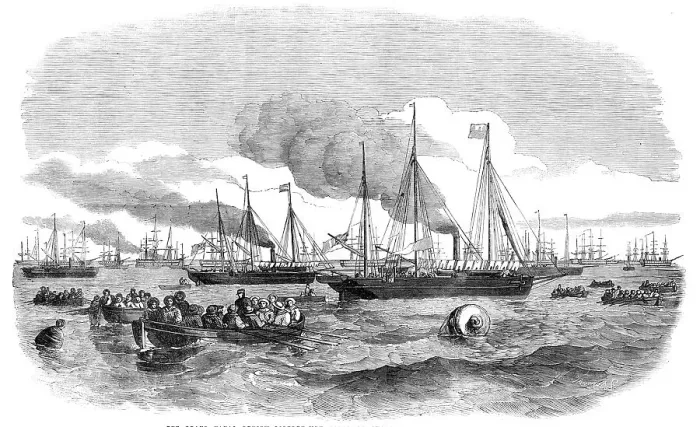 Framed Print : The Grand Naval Review, at Spithead: Liberty-Men going on Shore - sketched by J. W. Carmichael, 1856 Creator: W Thomas Framed Print : The Grand Naval Review, at Spithead: Liberty-Men going on Shore - sketched by J. W. Carmichael, 1856 Creator: W Thomas