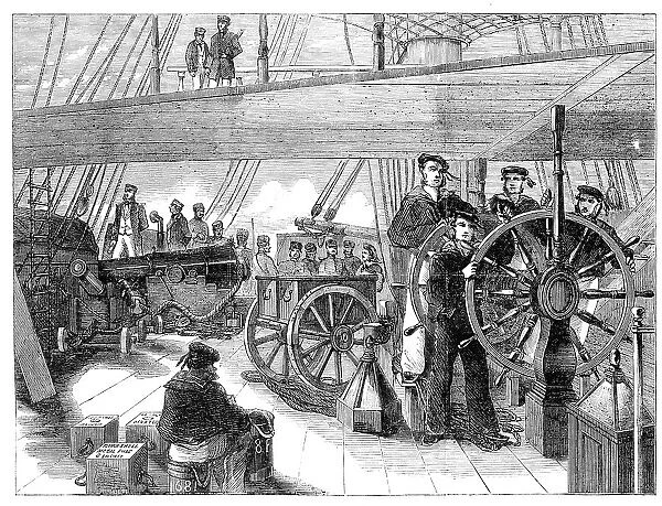 The Grand Naval Review, at Spithead: Main-Deck of 'The Blenheim' - sketched by J. W. Carmichael, 185 Creator: Unknown. The Grand Naval Review, at Spithead: Main-Deck of 'The Blenheim' - sketched by J. W. Carmichael, 185 Creator: Unknown