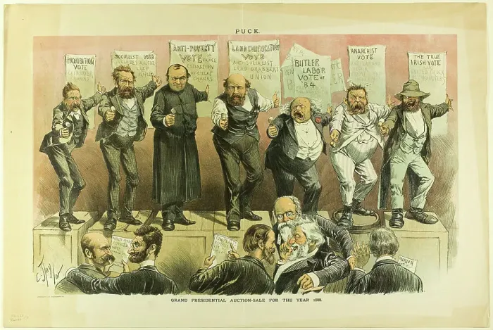 Framed Print : Grand Presidential Auction Sale, from Puck, 1888. Creator: Charles Jay Taylor Framed Print : Grand Presidential Auction Sale, from Puck, 1888. Creator: Charles Jay Taylor